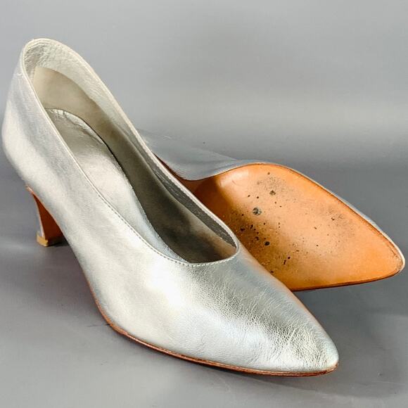 MARTINIANO Size 7.5 Metallic Silver Kidskin Leather Pointed Toe Pumps - Picture 5 of 10